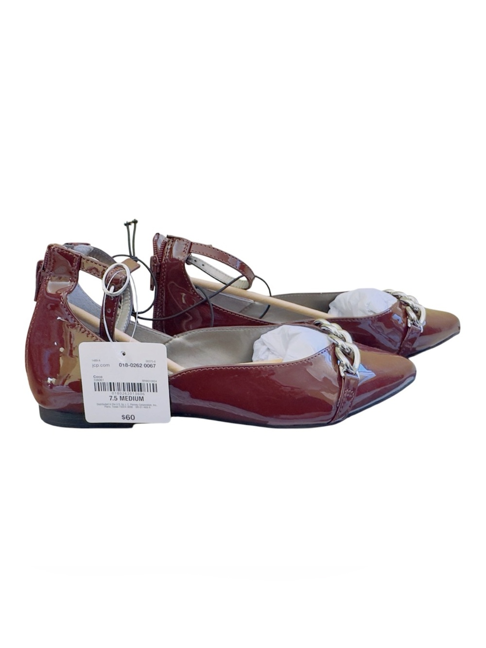 Worthington Brown Patent Pointed-Toe Flats with Silver Chain/ Size 7.5